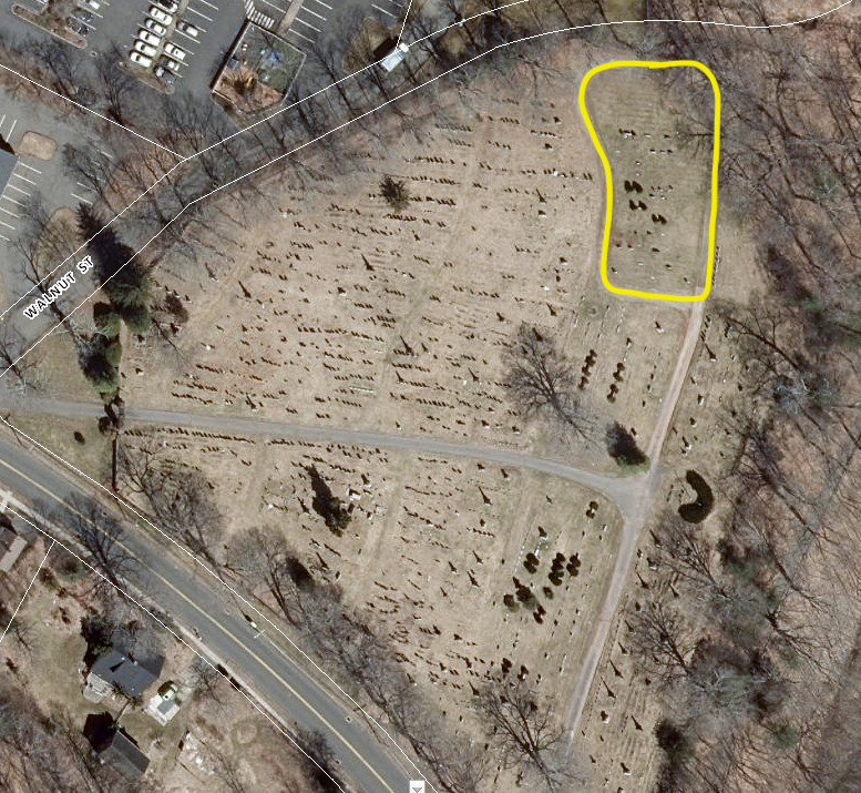 Aerial view of Hillside Cemetery with the African Burying Place outlined